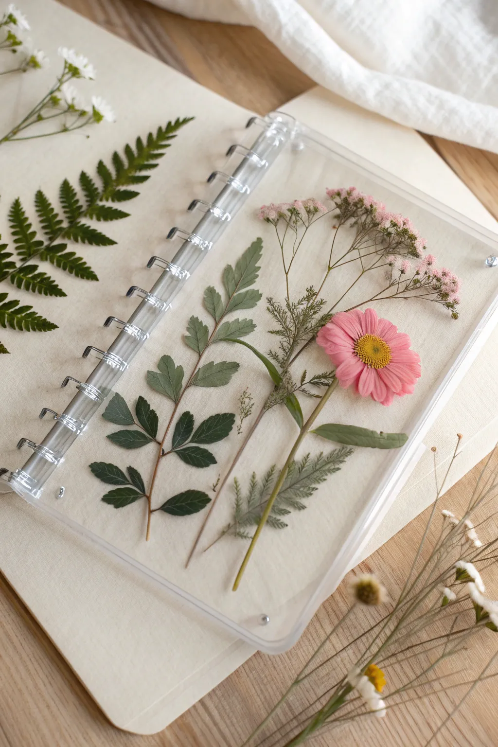 Pressed blooms suspended in clear resin for an airy, minimalist notebook cover with boho charm.