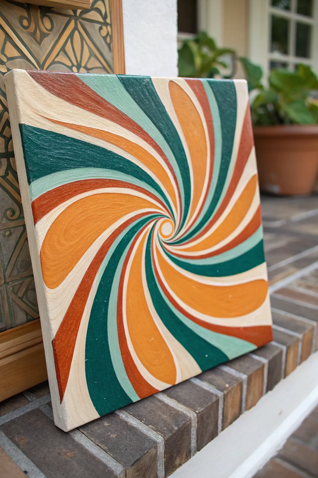 Clean psychedelic swirl gradient in burnt orange, avocado green, and teal, bold yet minimal