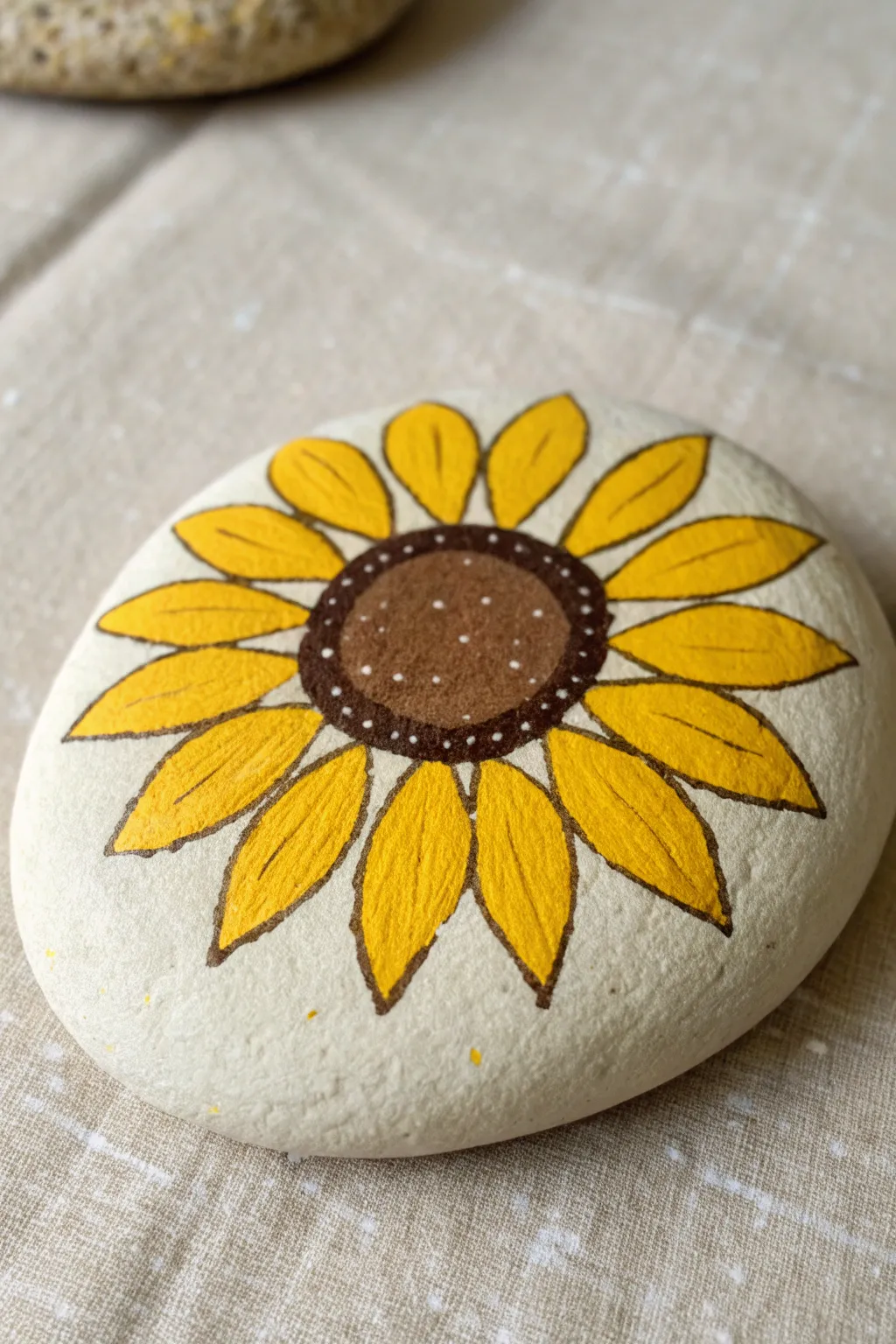 Easy sunflower face rock in bold yellow on a clean neutral tabletop, perfect for beginners