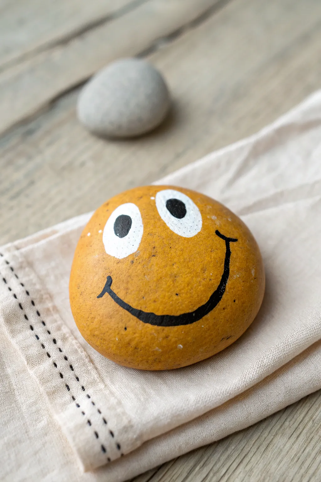 Happy smiley rock painting for kids: a bold, simple face on one smooth stone with cozy minimalist style