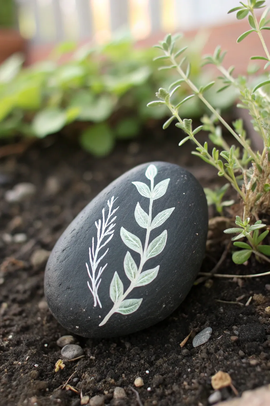 Minimalist herb marker rock with hand-painted sprig for a calm, stylish garden bed
