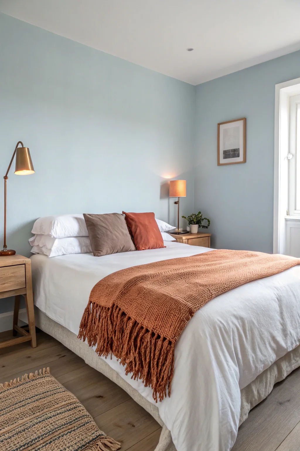 Soft blue walls meet warm lamplight for a calm bedroom palette with cozy texture at night.