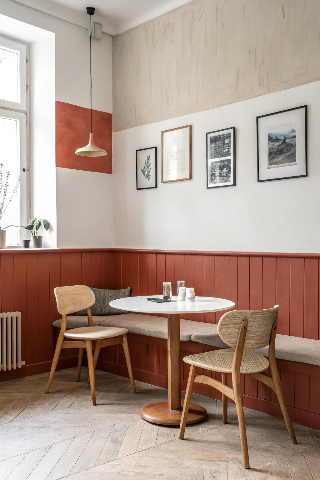 Easy two-tone half wall: bold contrast that instantly elevates a simple dining nook
