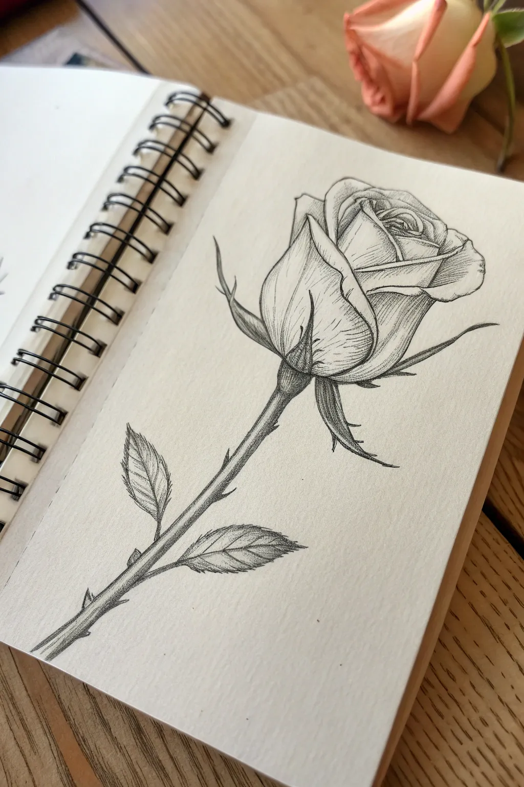 Simple rosebud study: clean graphite lines, minimal shading, and a warm terracotta boho accent.