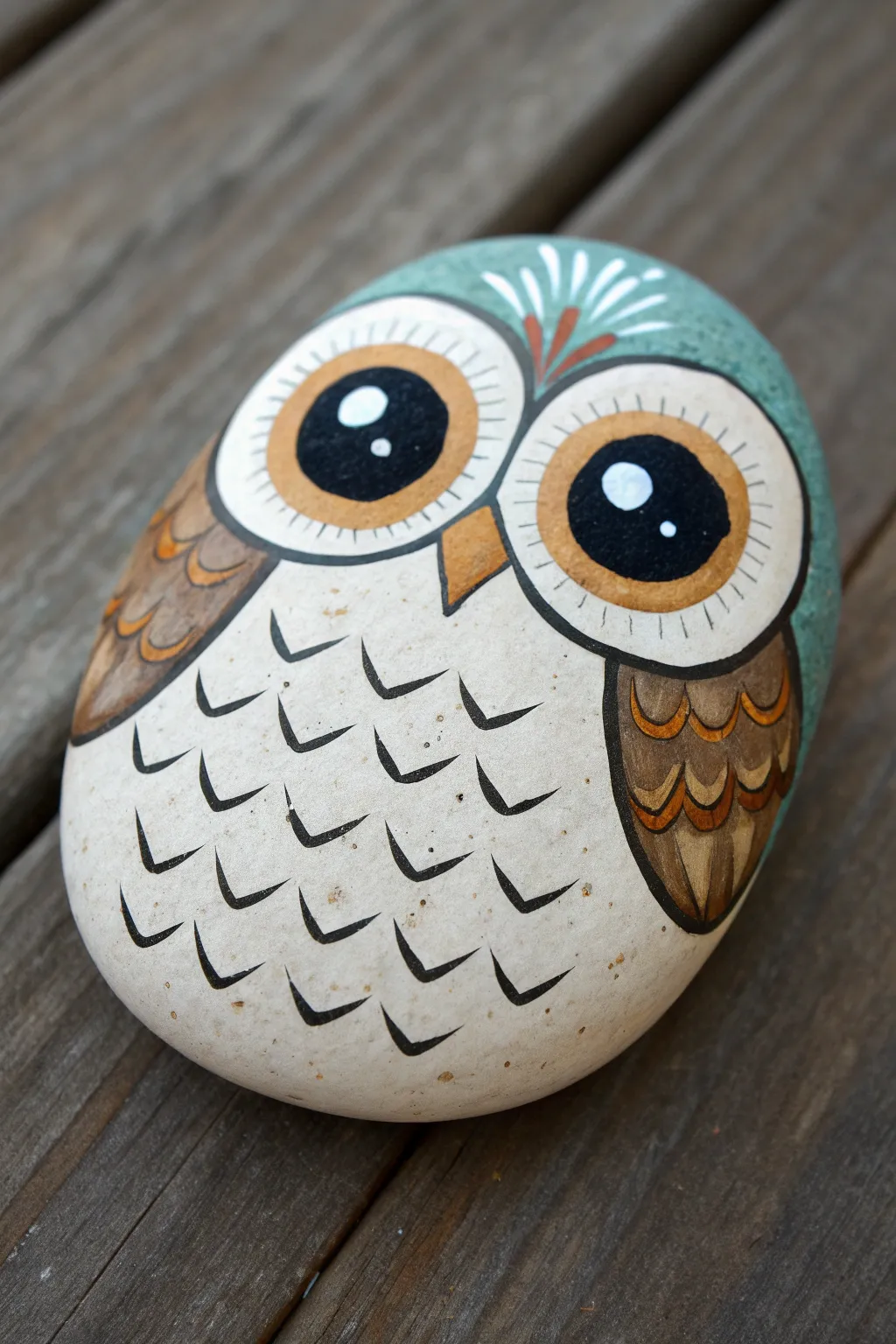 Sweet owl face rock with bold eyes and boho-minimal colors, clean contrast and handmade charm