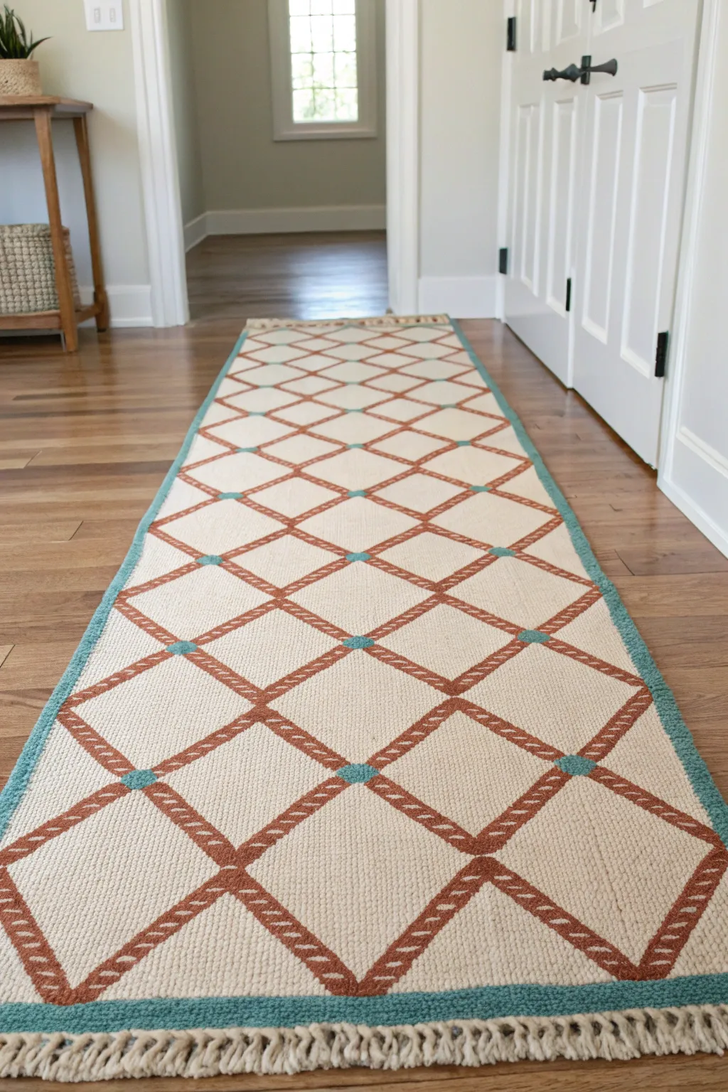 Diamond trellis painted rug in sunlit entryway, minimalist boho style with bold contrast