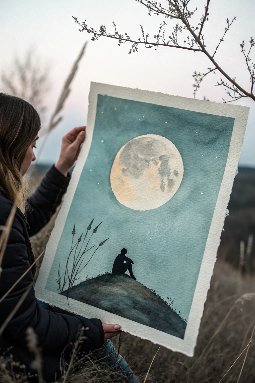 Minimal moon-gazing painting idea: tiny figure under an oversized moon in cool, yearning tones