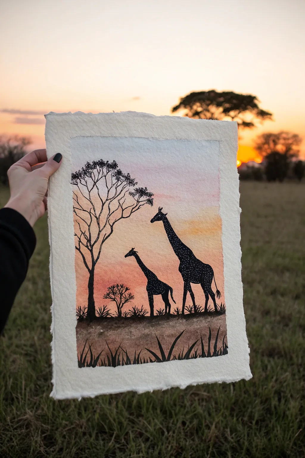 Minimal safari sunset: two giraffe silhouettes on the horizon in warm gradient tones.