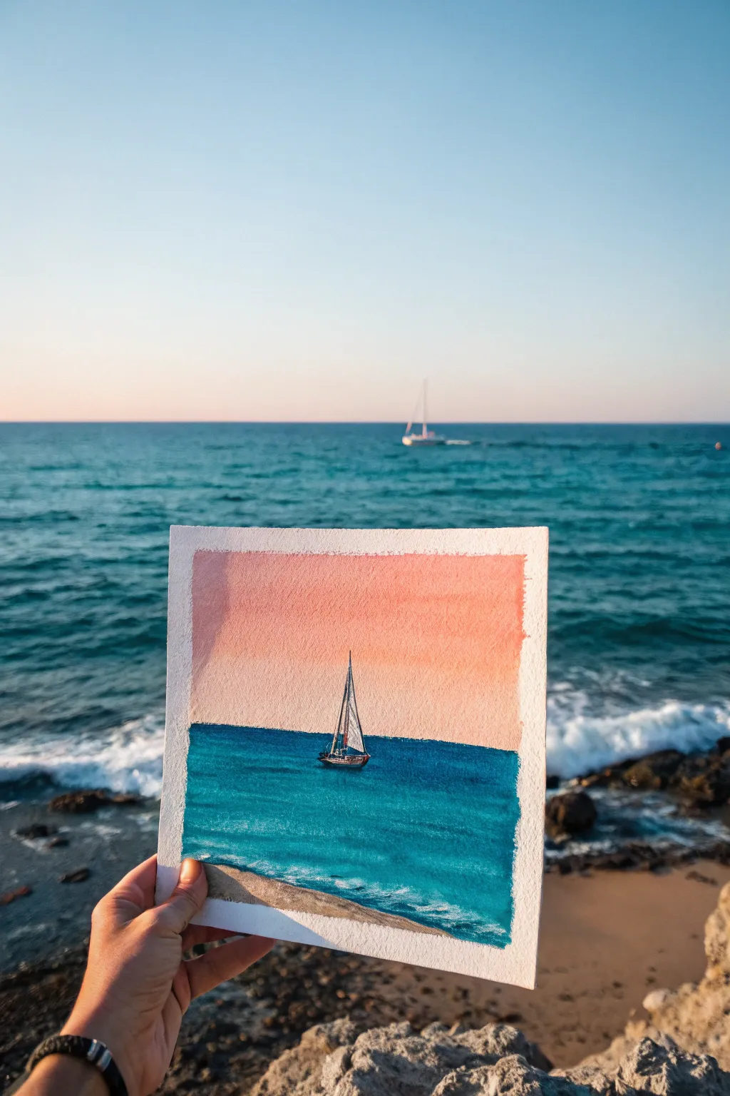 Minimal sailboat on the horizon with bold blues and a warm sunset band for airy, calm vibes.