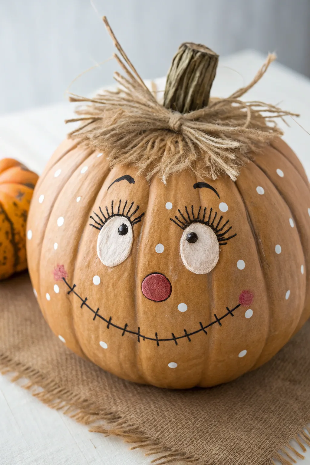 Button-nose scarecrow pumpkin with painted stitches, bold autumn tones, minimalist boho vibe