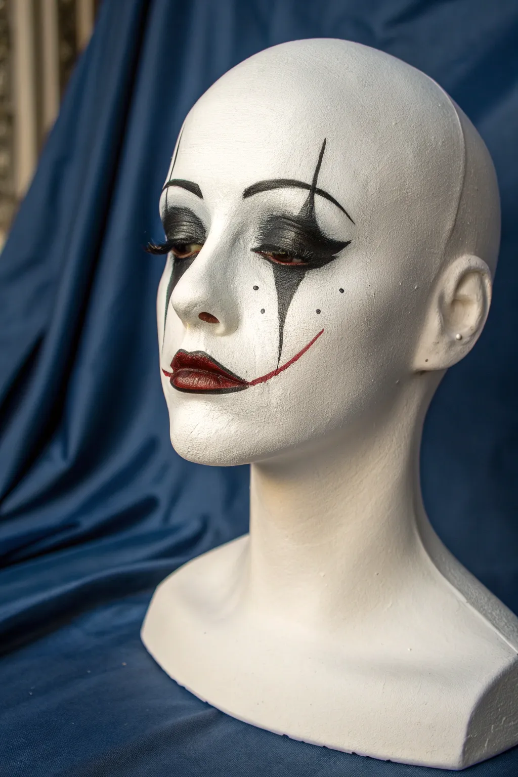 Easy creepy clown face paint: white base, dark eyes, and simple tear streaks for chills