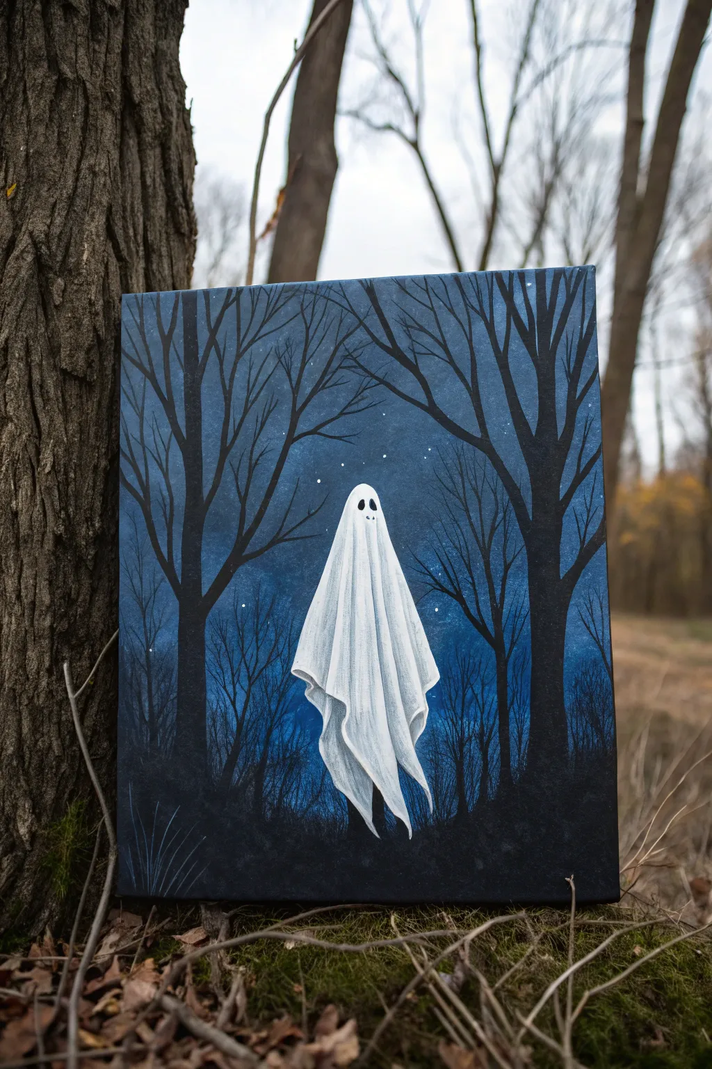 Classic sheet ghost painting: crisp white float against an inky night sky for spooky elegance