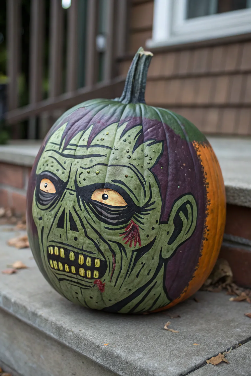 Rotten zombie pumpkin portrait in sickly greens and bruised purples, bold contrast, minimalist vibe