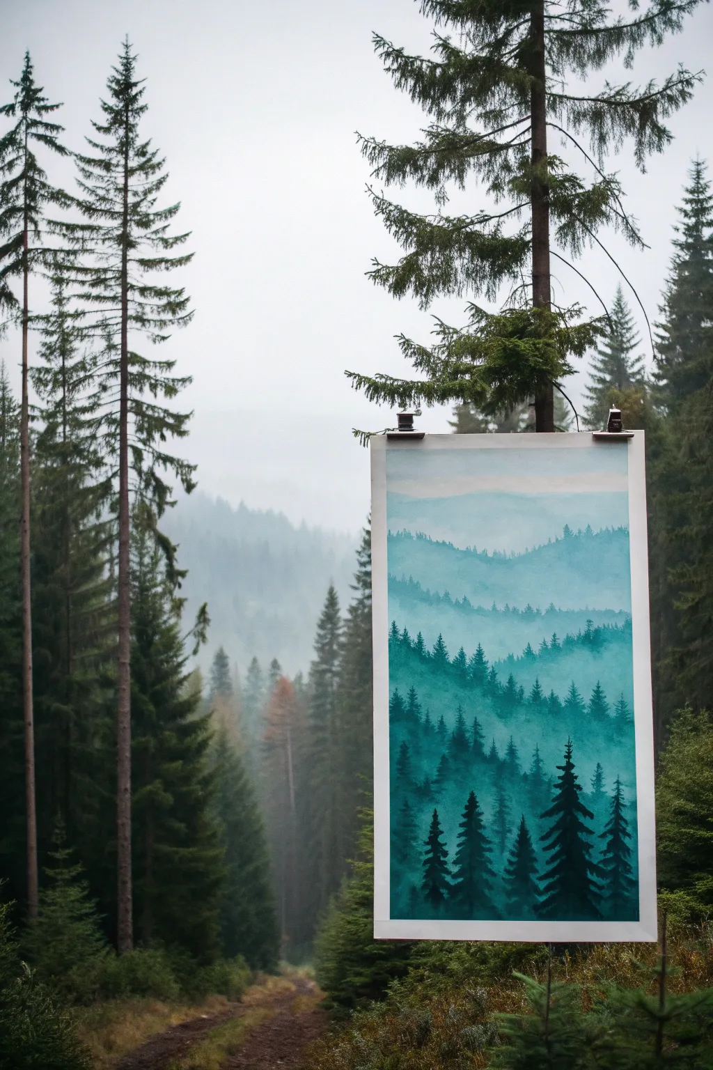 Evergreen forest layers with a dreamy mist band, ideal for atmospheric perspective practice.