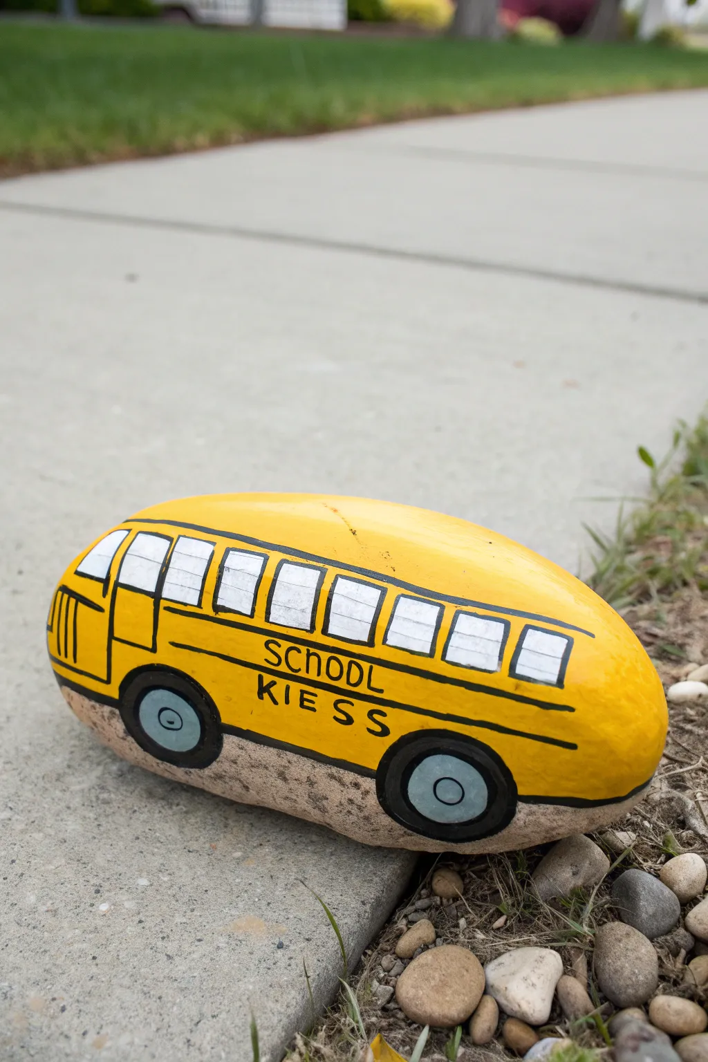 Bright yellow school bus rock, clean side view on a curb for simple back-to-school charm