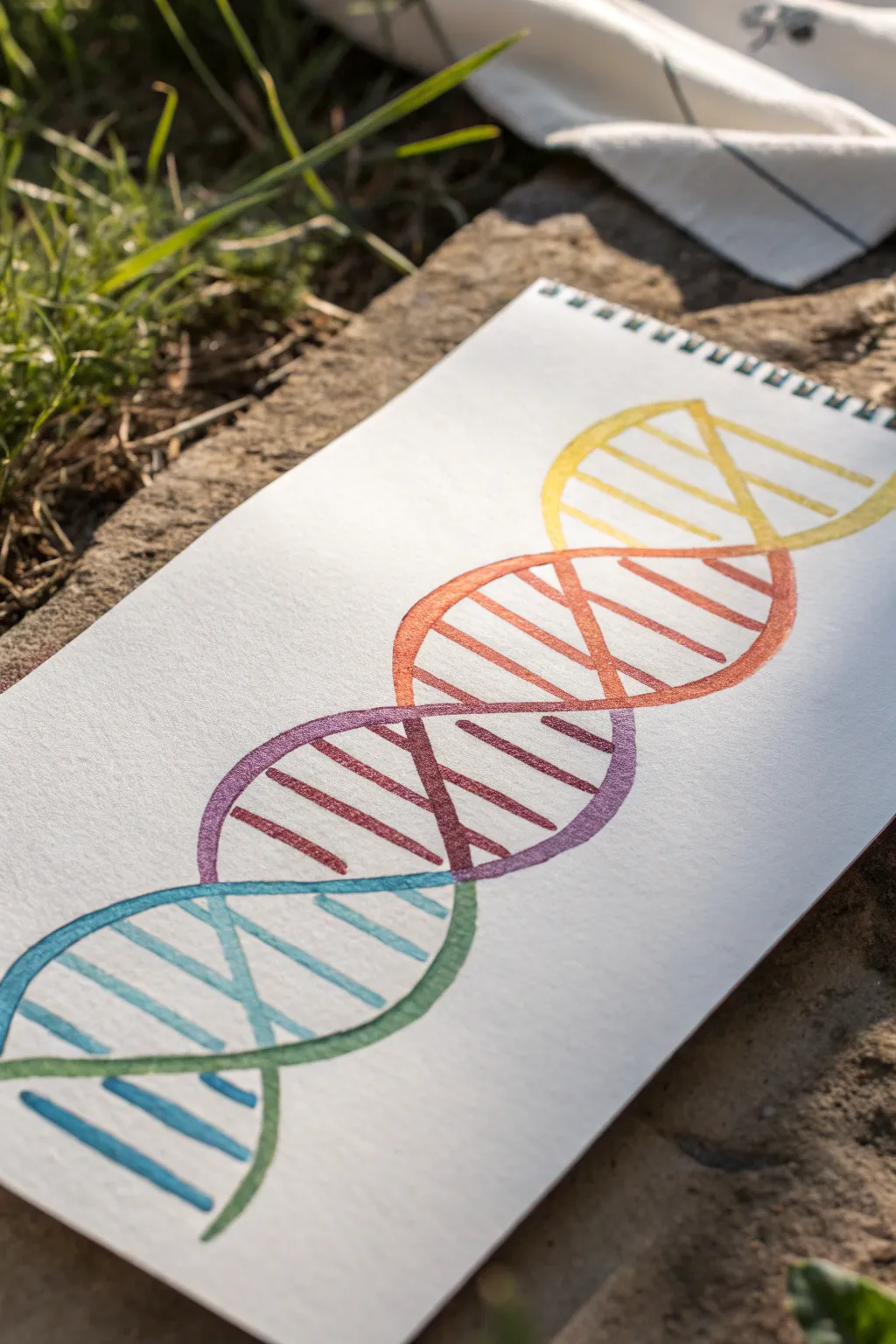 Bold complementary-color DNA helix drawing idea for a clean, modern science sketch with instant pop