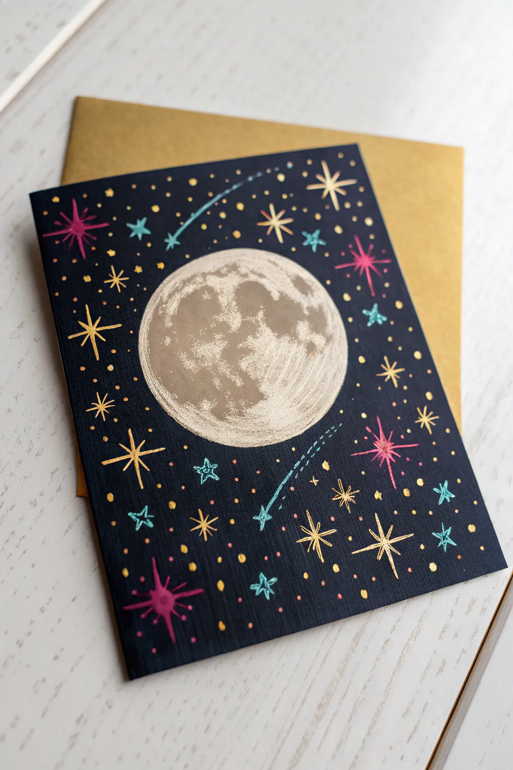 Moonlit scratch art with shimmering stars and hand-scratched sparkles, bold yet minimal