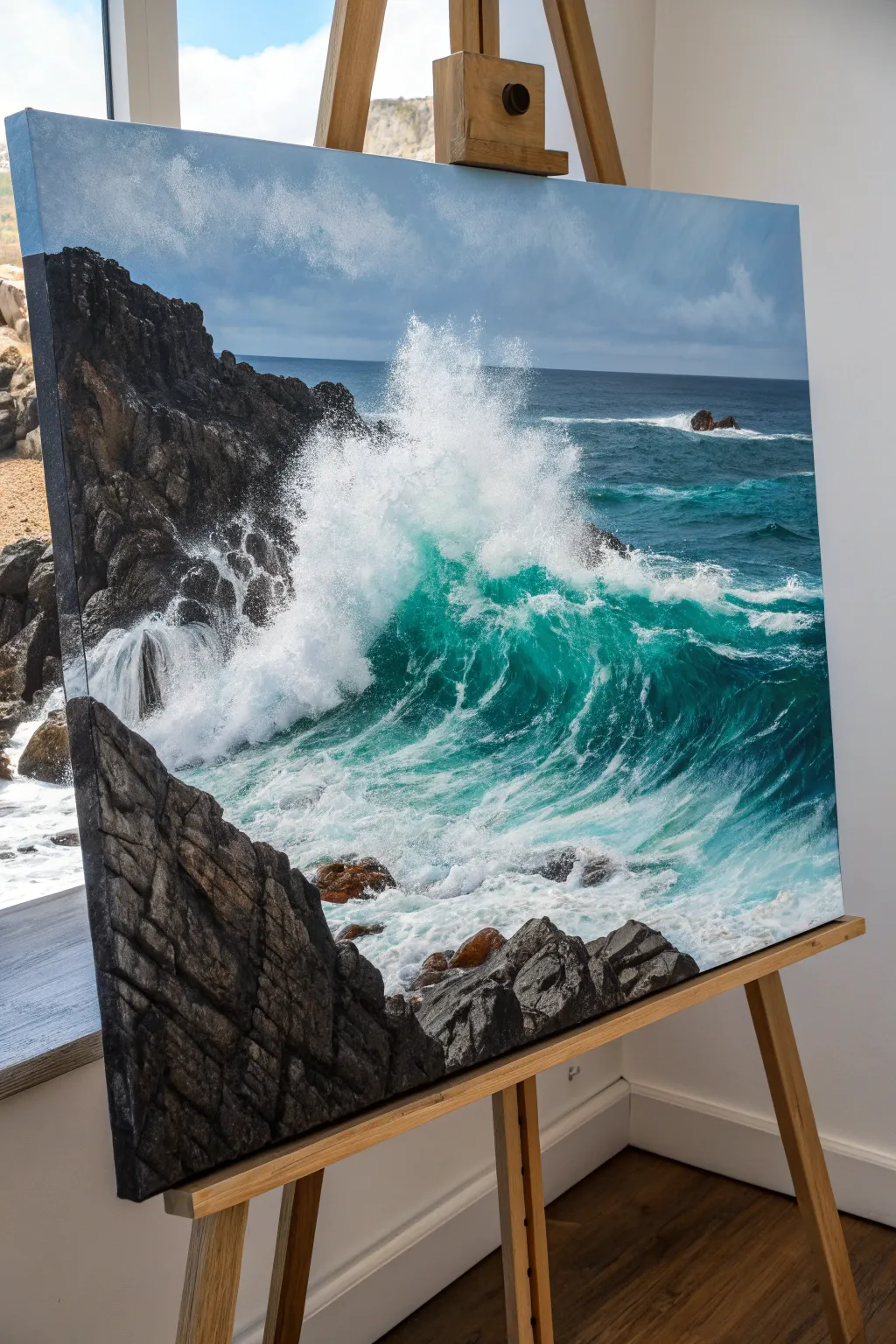 Rocky coast seascape art with inky cliffs and bright white foam, bold and calming.