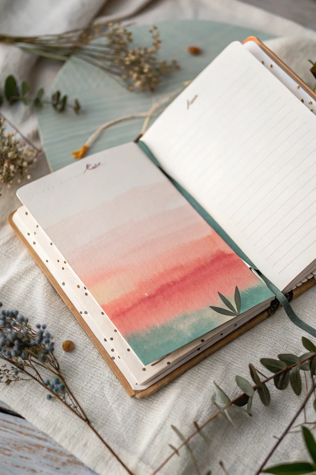 Paint a calm sunrise wash in your art journal and frame it with tiny leafy details