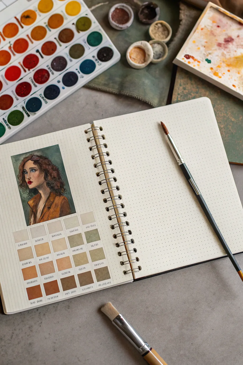 Skin tone mixing map next to a self-portrait study, capturing calm craft and bold color contrast