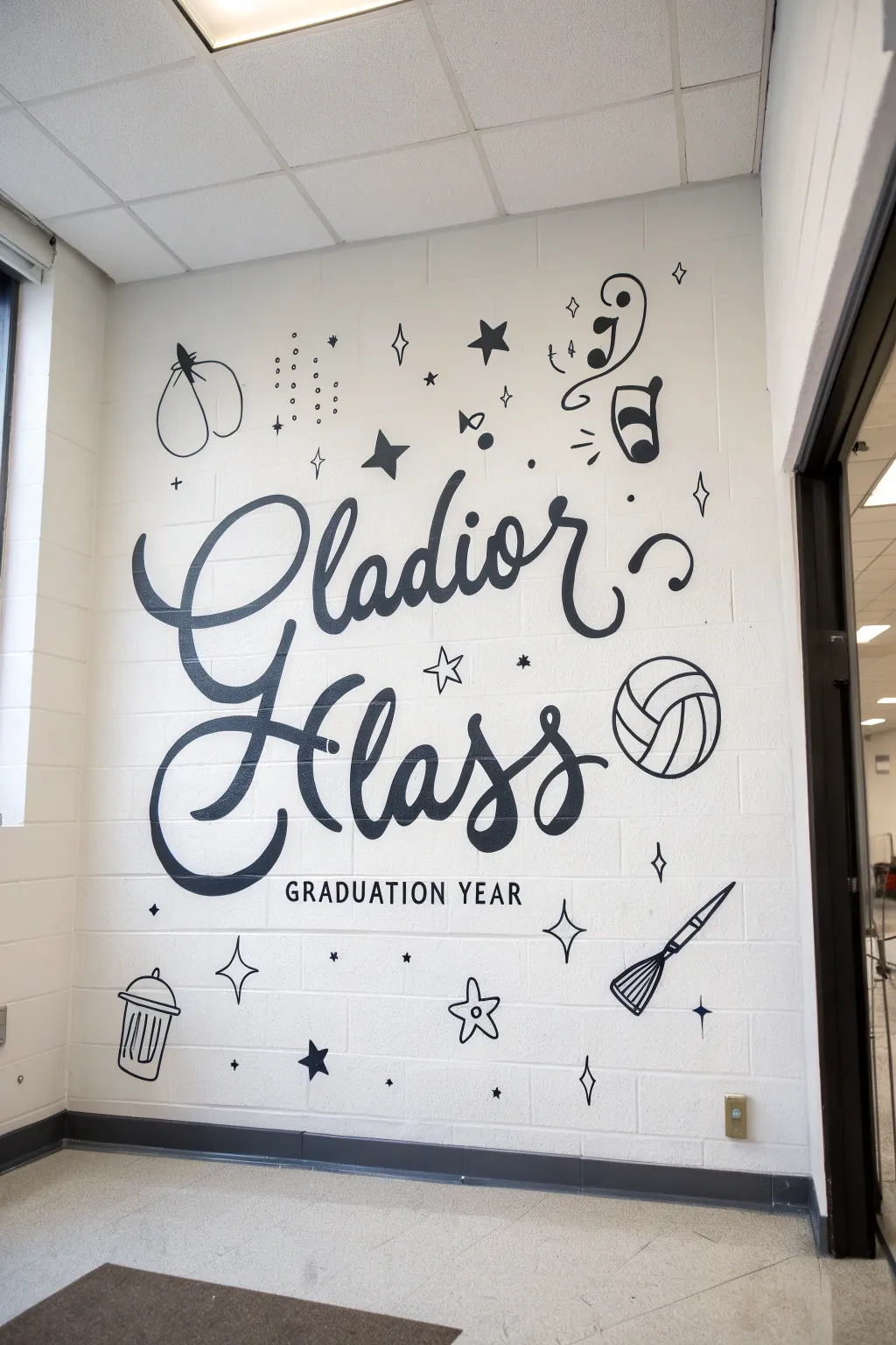Bold hand-lettered mural layout with playful senior-year doodles in a minimalist boho palette.