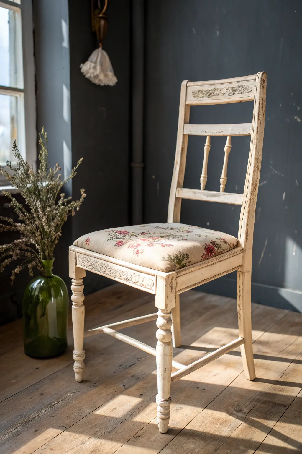 Warm off-white vintage chair with a linen floral seat for a soft shabby chic refresh