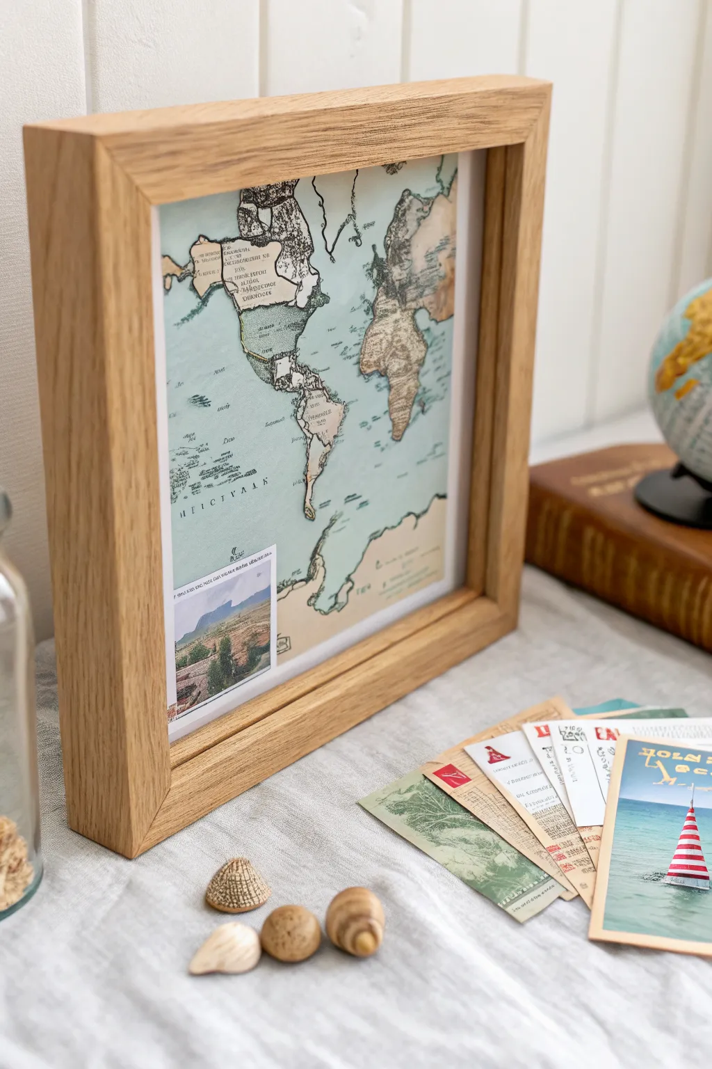 Layered travel keepsakes in a minimalist shadow box with dreamy map wash and cozy boho depth.
