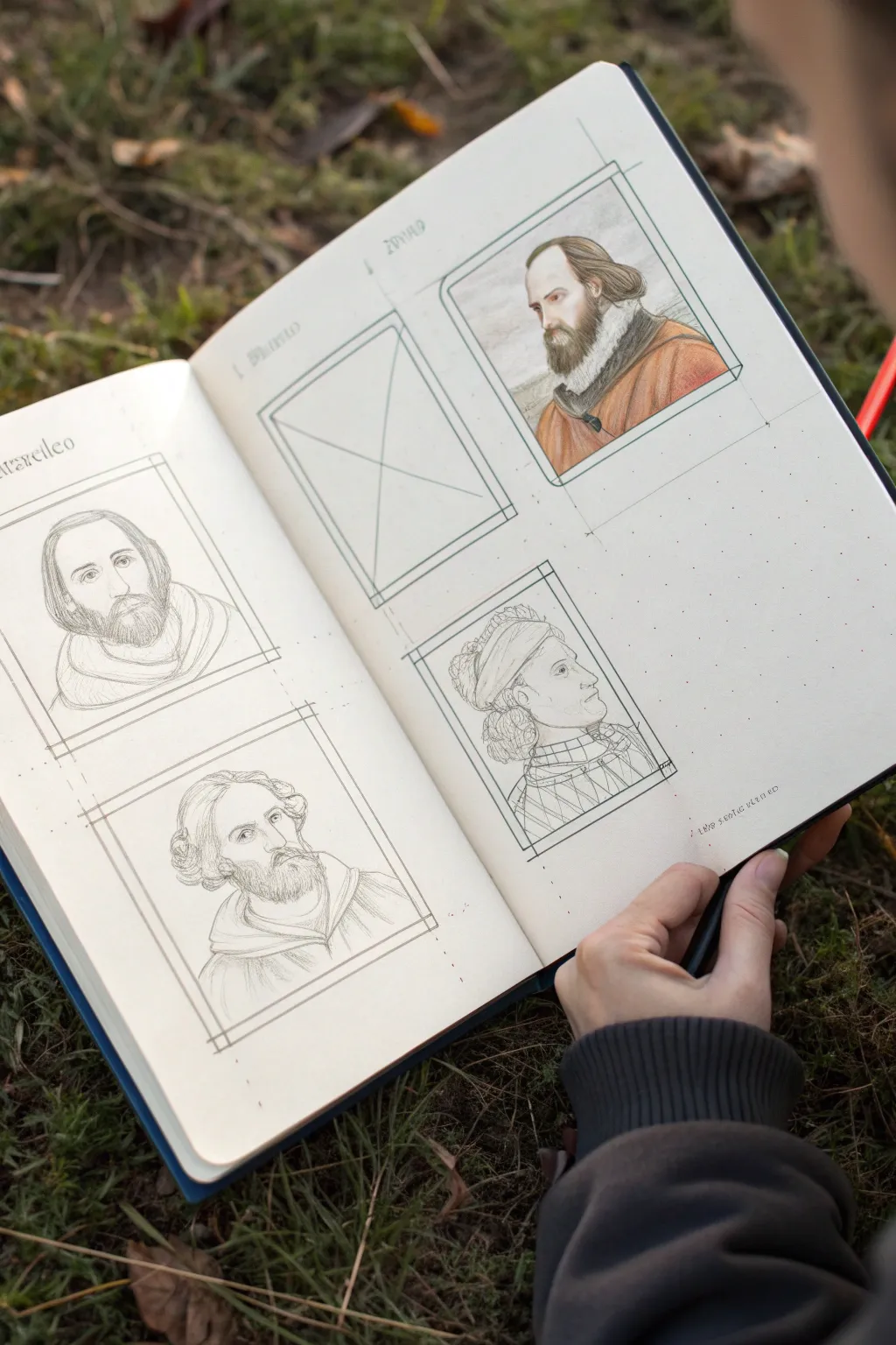 5-frame step-by-step Shakespeare face construction, from simple shapes to finished portrait