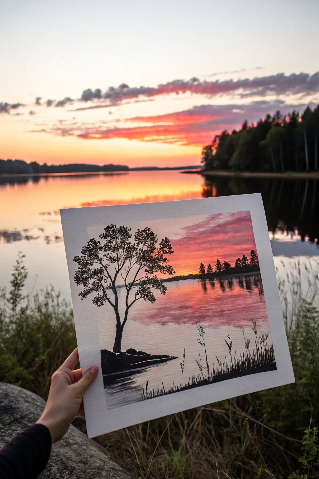 Lake reflection silhouette painting idea with sunset gradient and crisp black shoreline contrast.