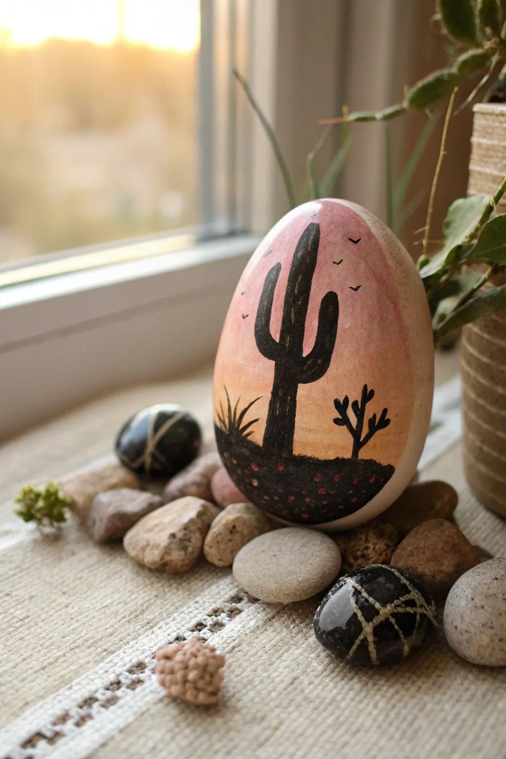 Desert cactus dusk rock painting in bold silhouette and sunset gradient, minimalist boho vibes.