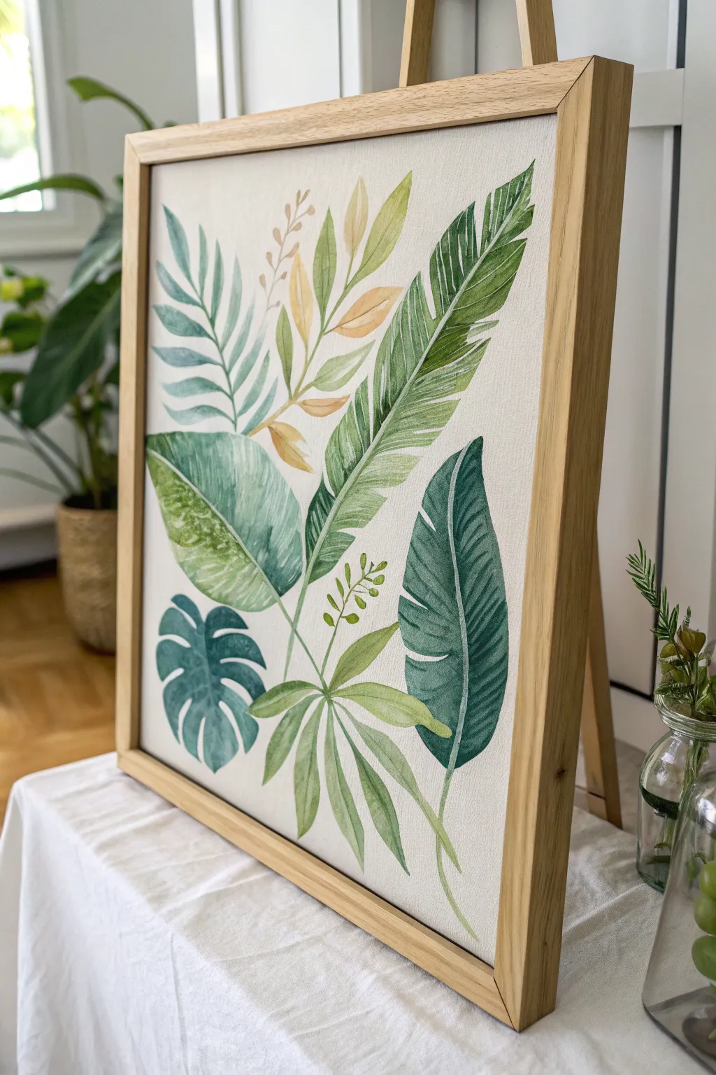 Botanical silk leaf study in layered greens with crisp gutta veins and luminous color blends