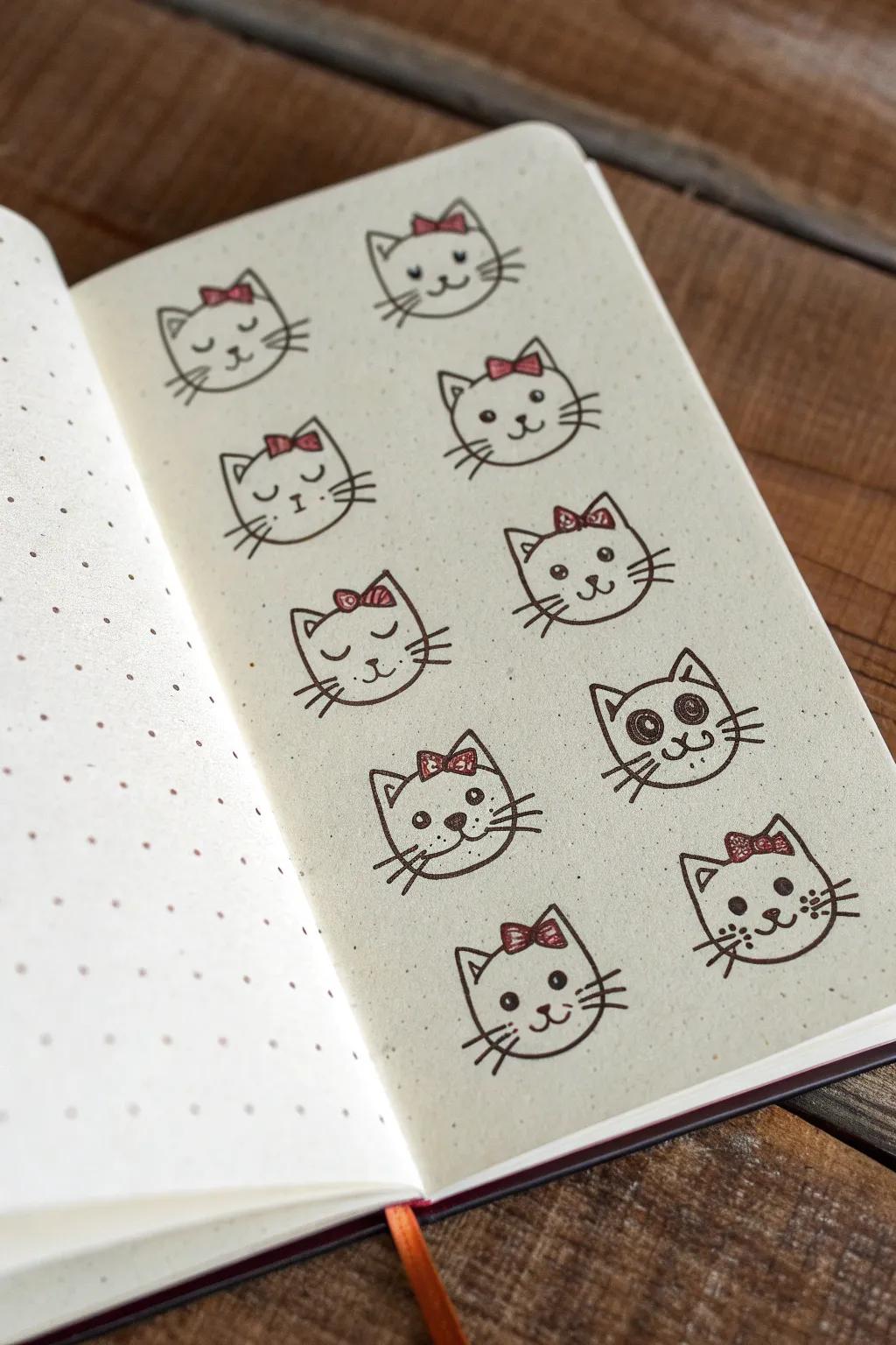 Tiny cat face icons with simple lines, cute expressions, and bold boho accent colors