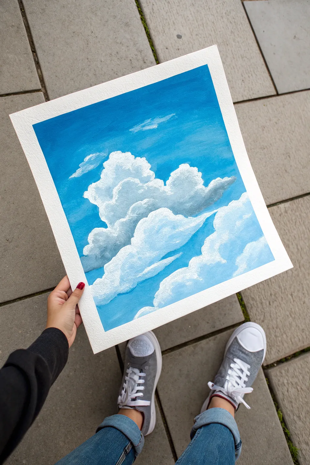 Fluffy cloud painting idea: sky blue wash, rounded clouds, soft highlights, beginner friendly.
