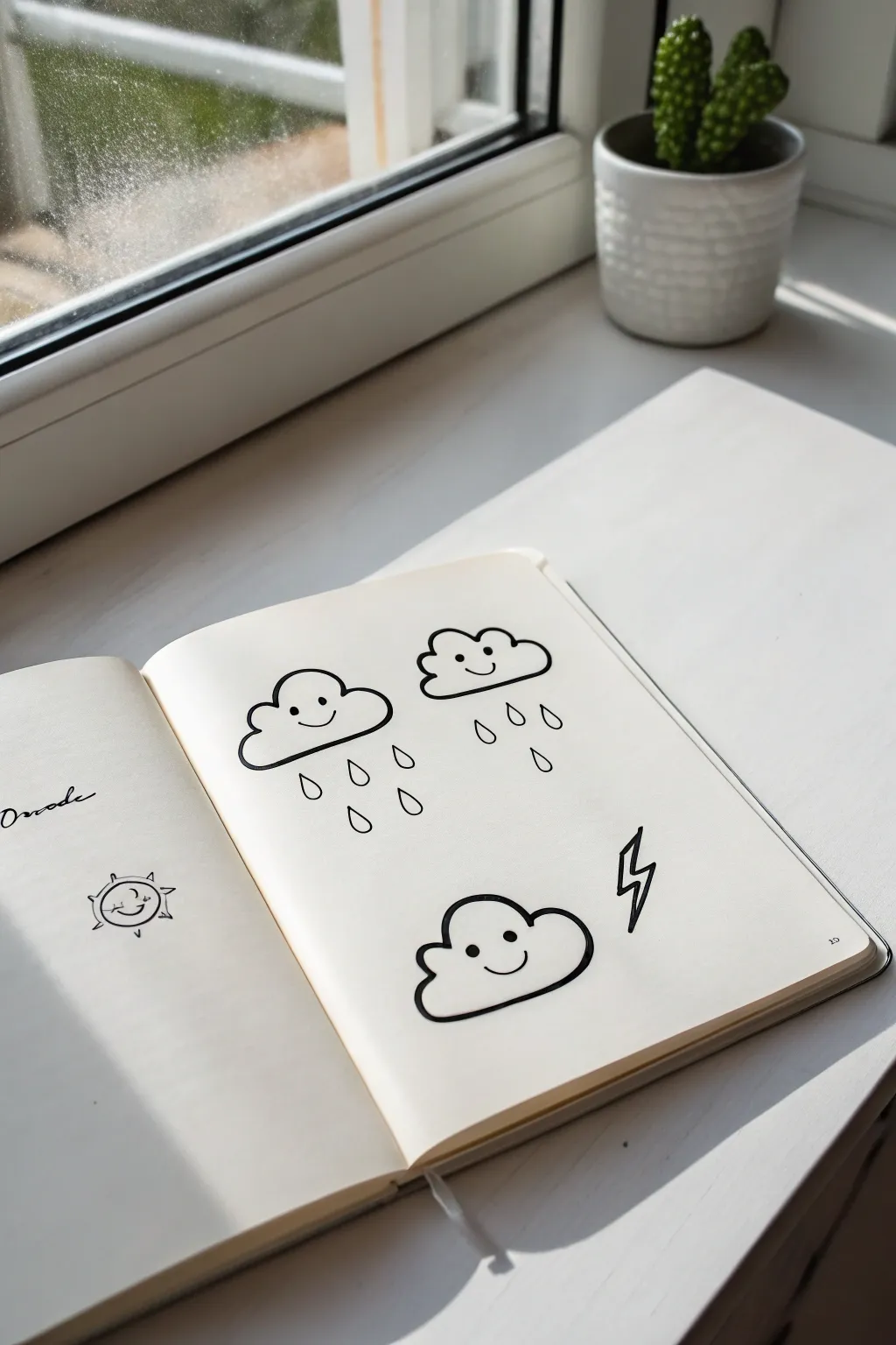 Cloud faces in two strokes: simple black doodles with tiny smiles, raindrops, and a lightning bolt.