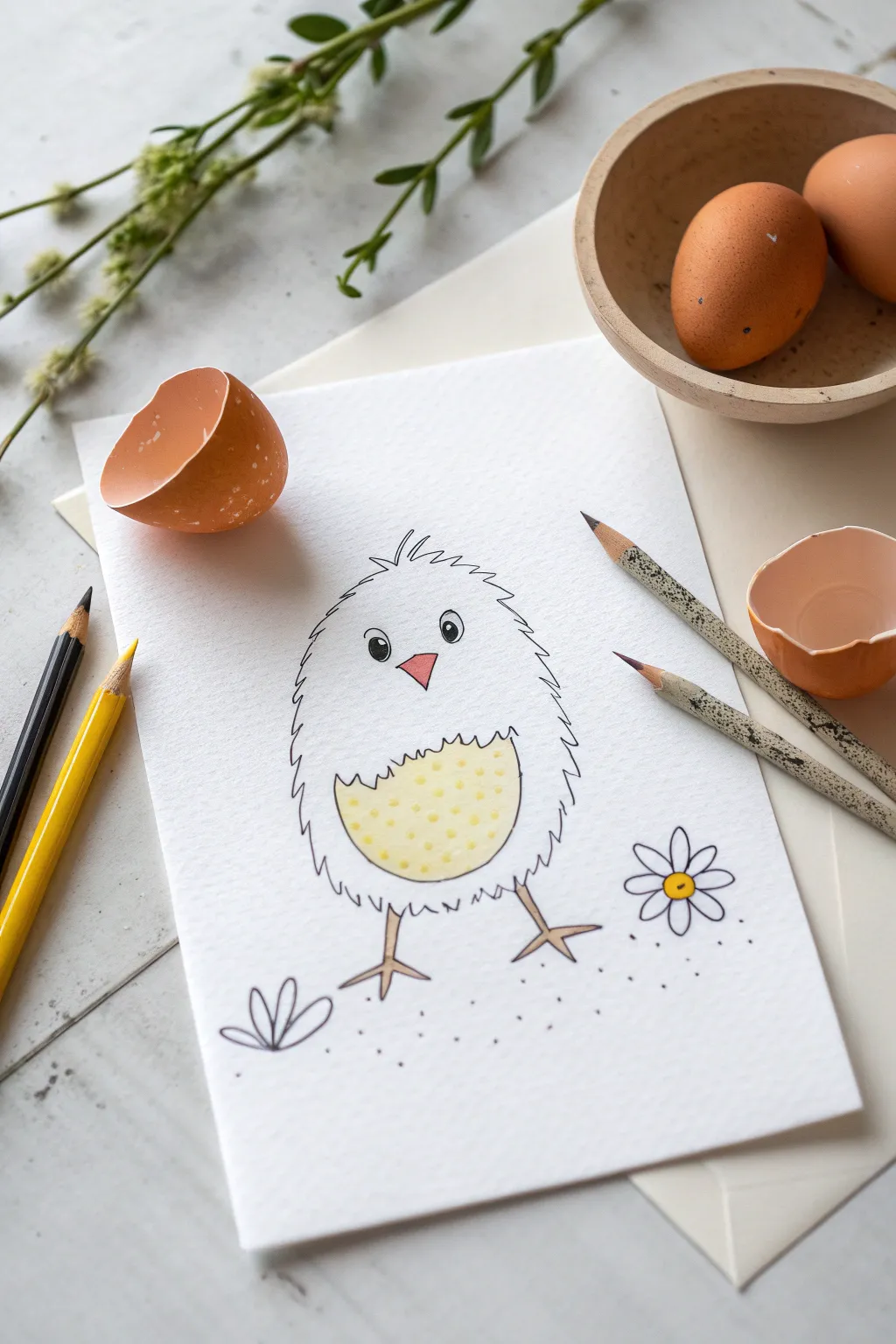 Minimal Easter sketch: fluffy chick peeking from a cracked egg, bold and sweet for beginners.