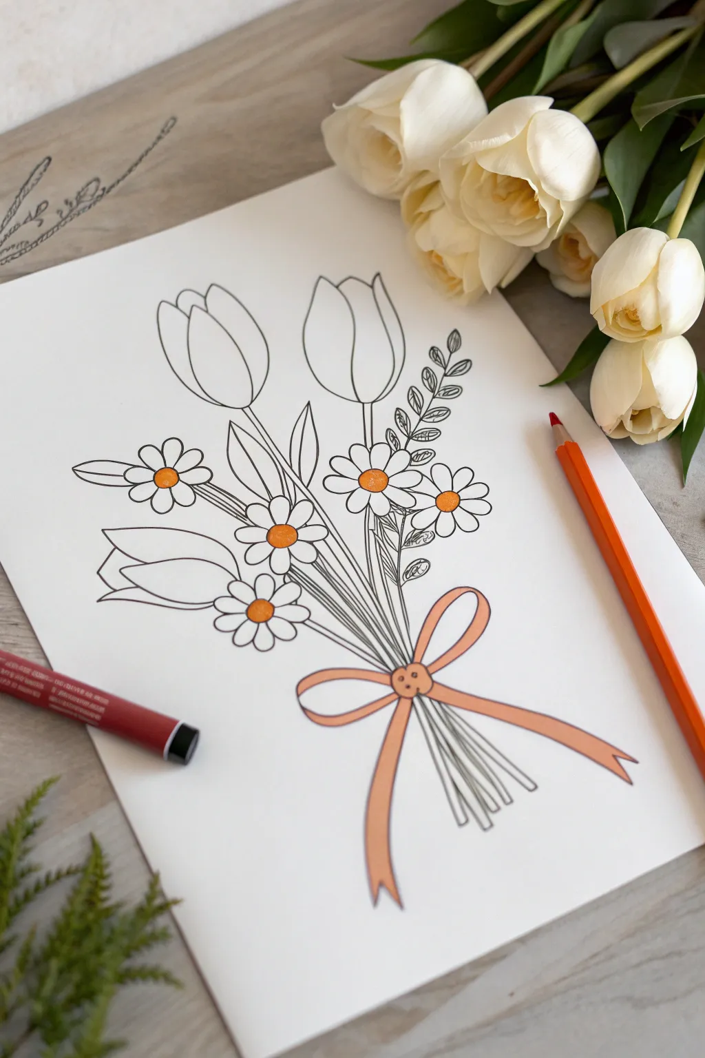 Easy bouquet sketch idea: simple tulips, curved stems, and a bold ribbon for a cute doodle.