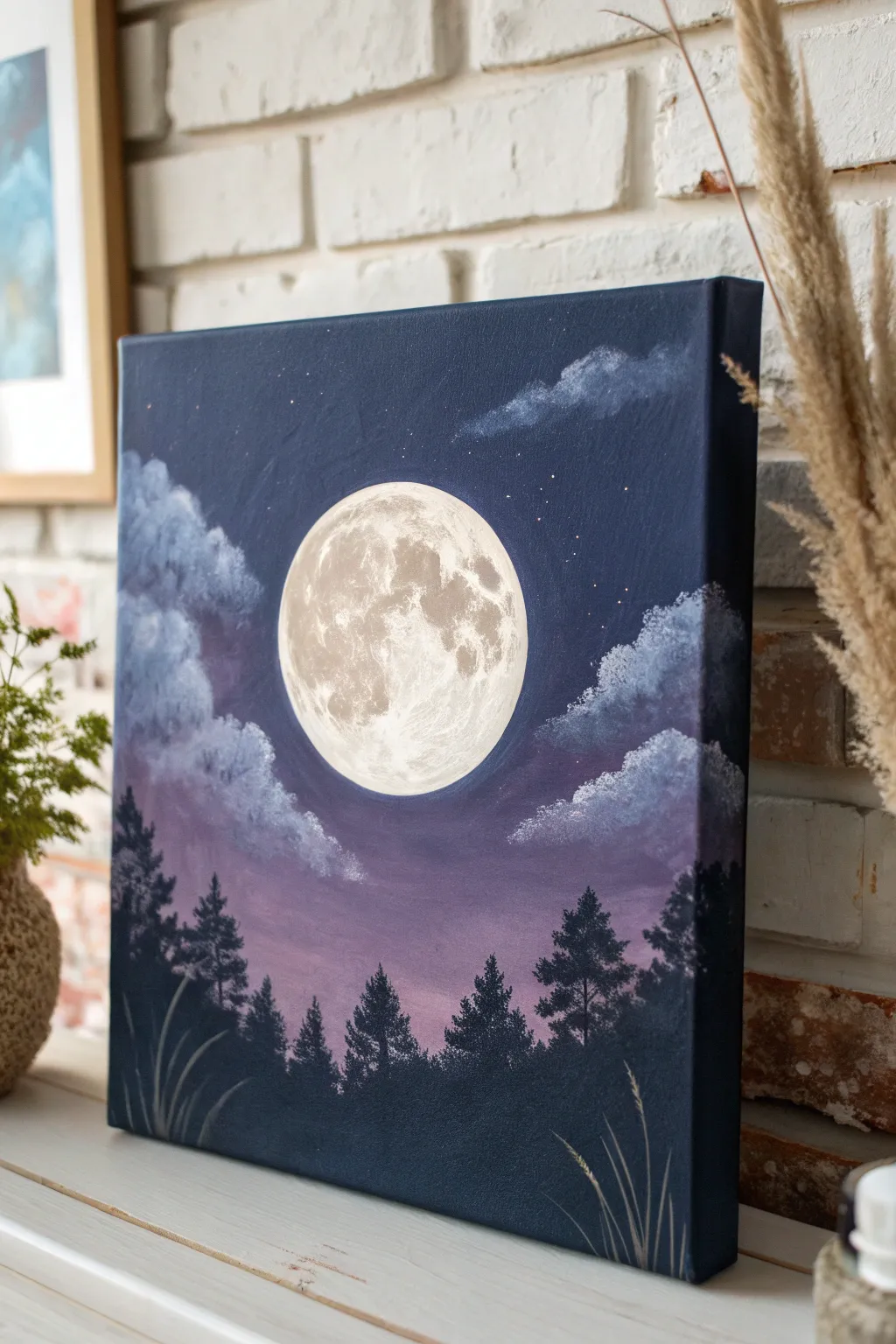 Big Moon Over a Quiet Sky: a simple, high-contrast minimalist painting idea with soft clouds