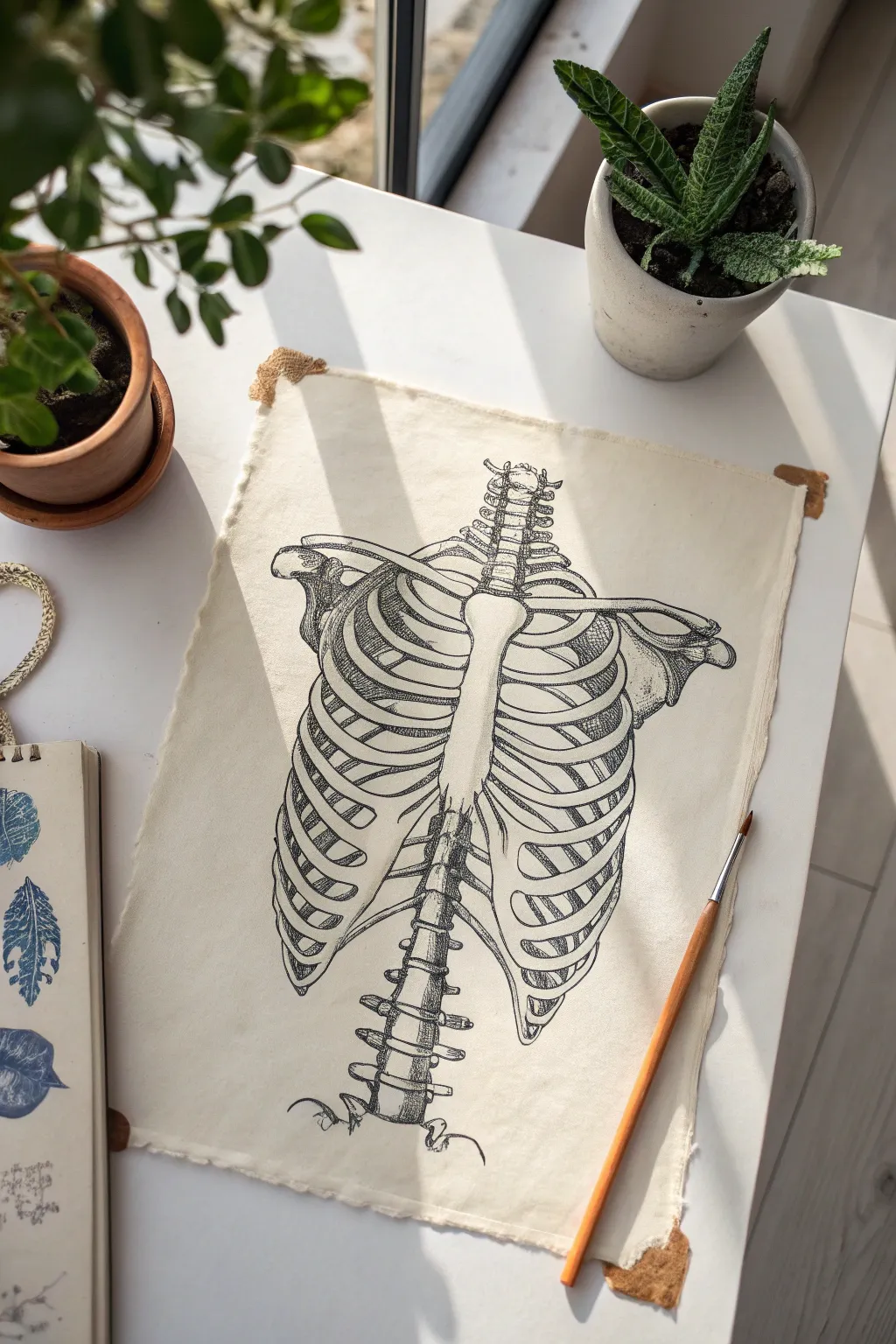 Ribcage and spine study in crisp ink with bold terracotta and ultramarine accents, clean and airy
