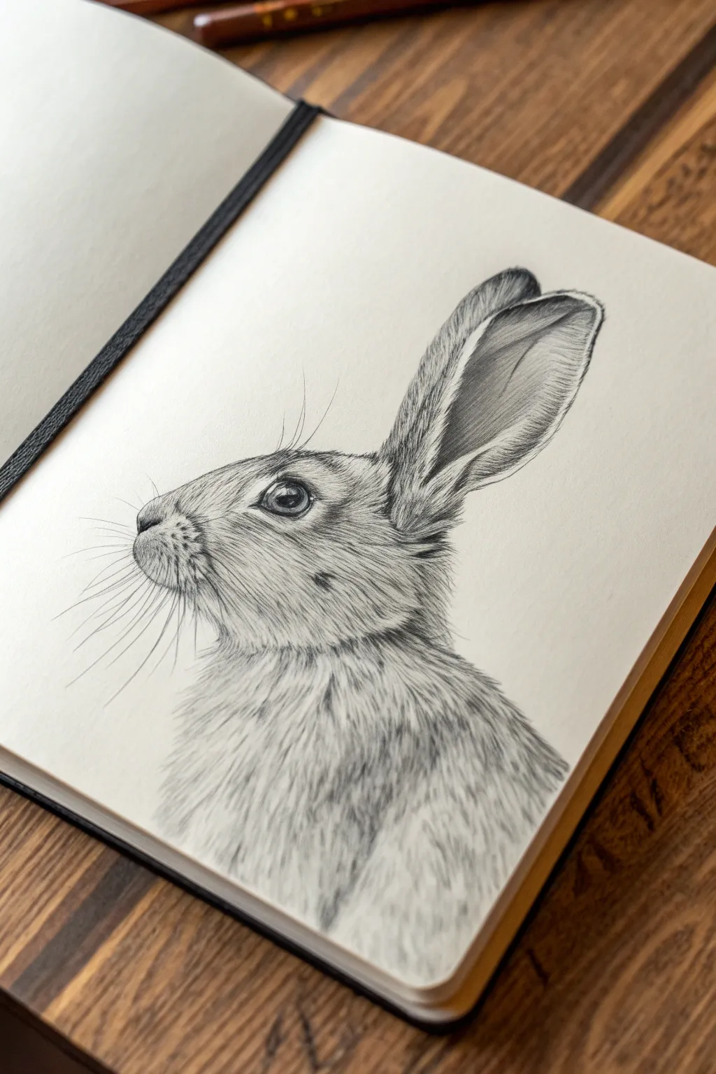 Soft-hatched rabbit profile sketch, darker eye and cheek, clean minimal page on warm terracotta.