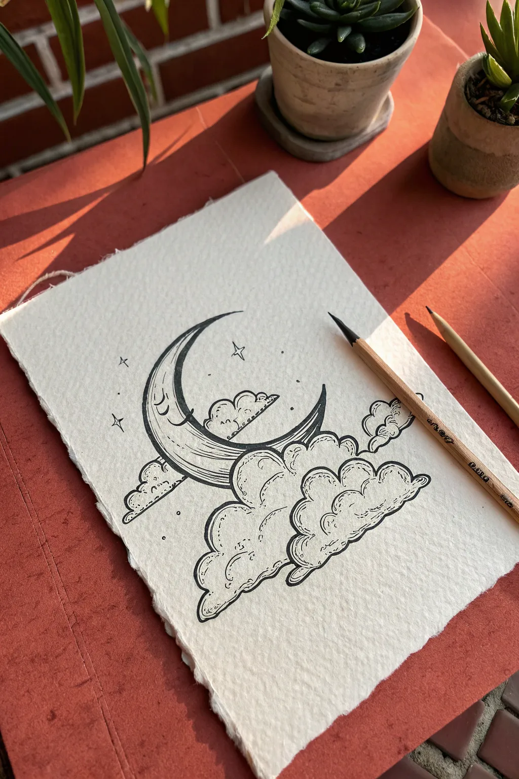 Capture the magic of the night sky with this simple crescent moon and cloud sketch idea.