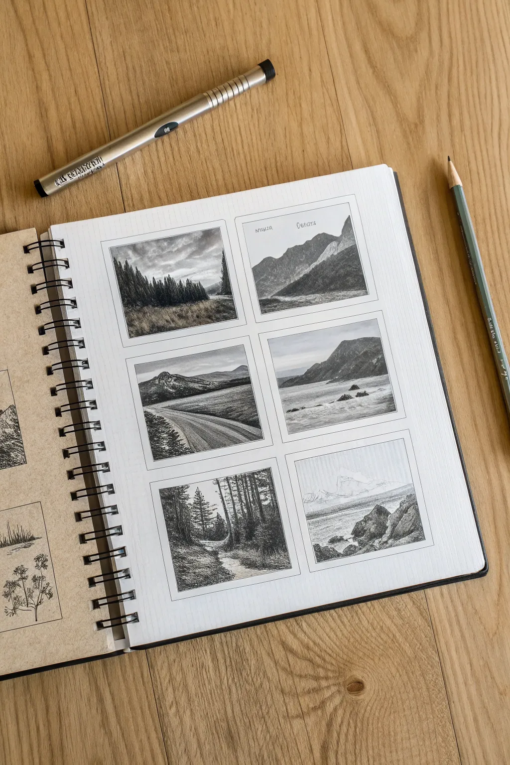 Quick landscape thumbnails: bold value studies in a clean grid, made for fast sketch ideas.