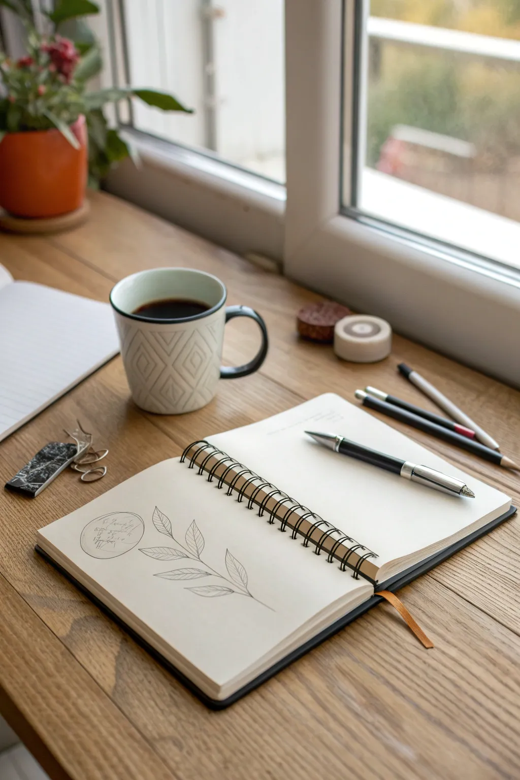 Easy sketchbook idea: clean line art of a mug, spoon, and keys with a bold color accent