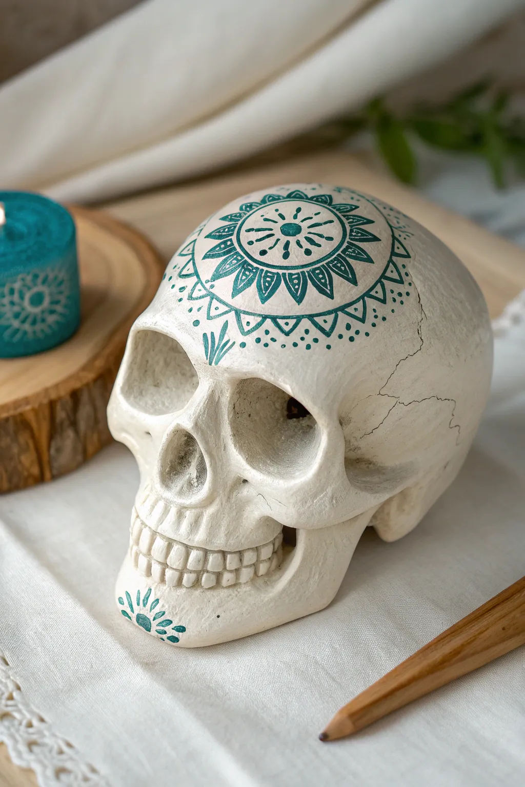 Minimal skull sculpture with bold mandala forehead detail, Scandinavian calm meets boho color.