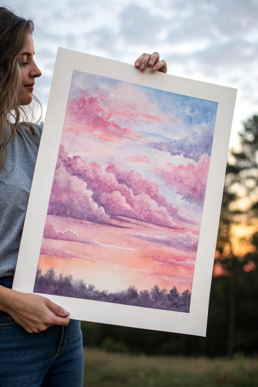 Cotton-candy pink twilight fade with a crisp black tree silhouette for bold, dreamy contrast