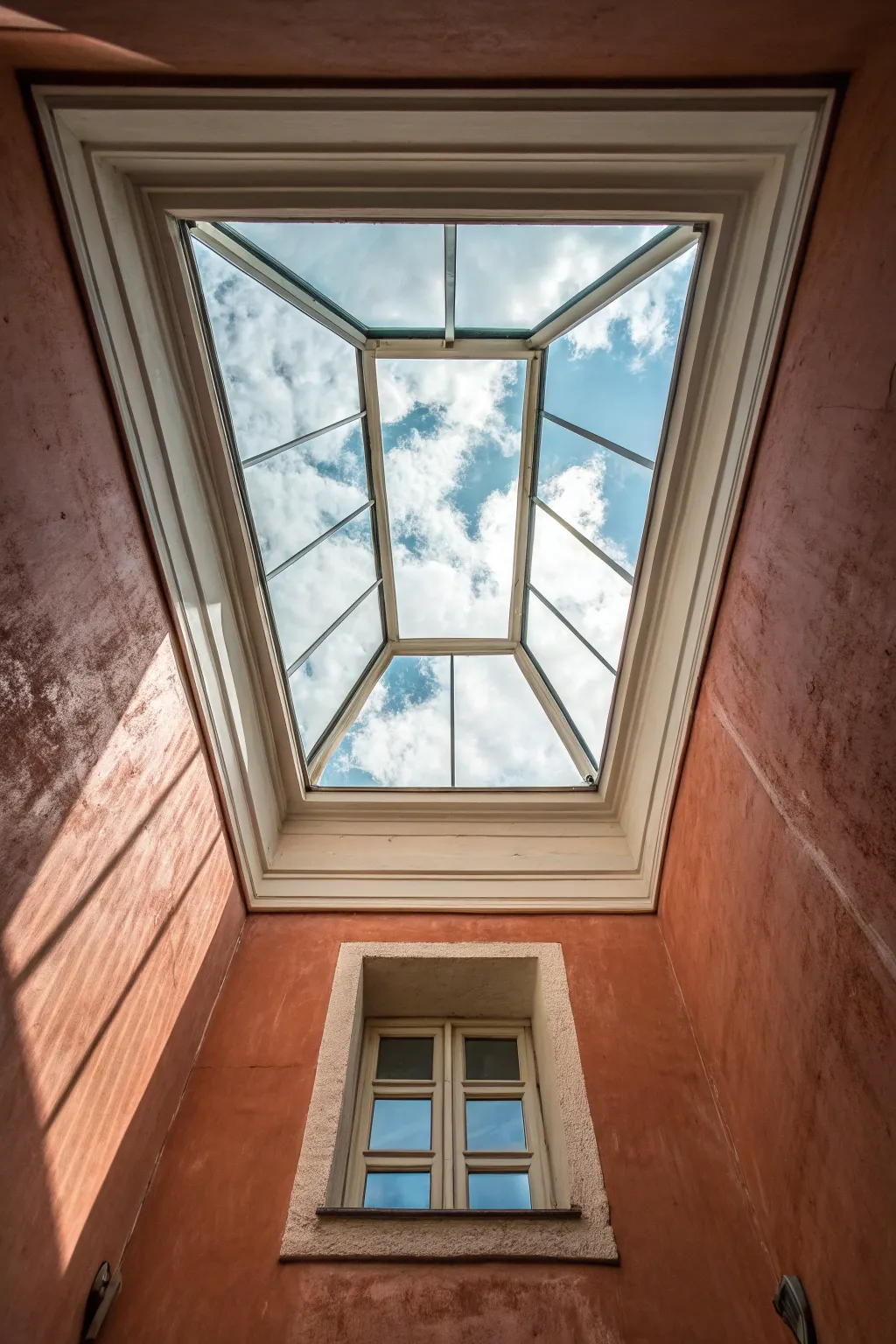 Soft ombre skylight shaft: deep color below fading to light above for airy height and drama.