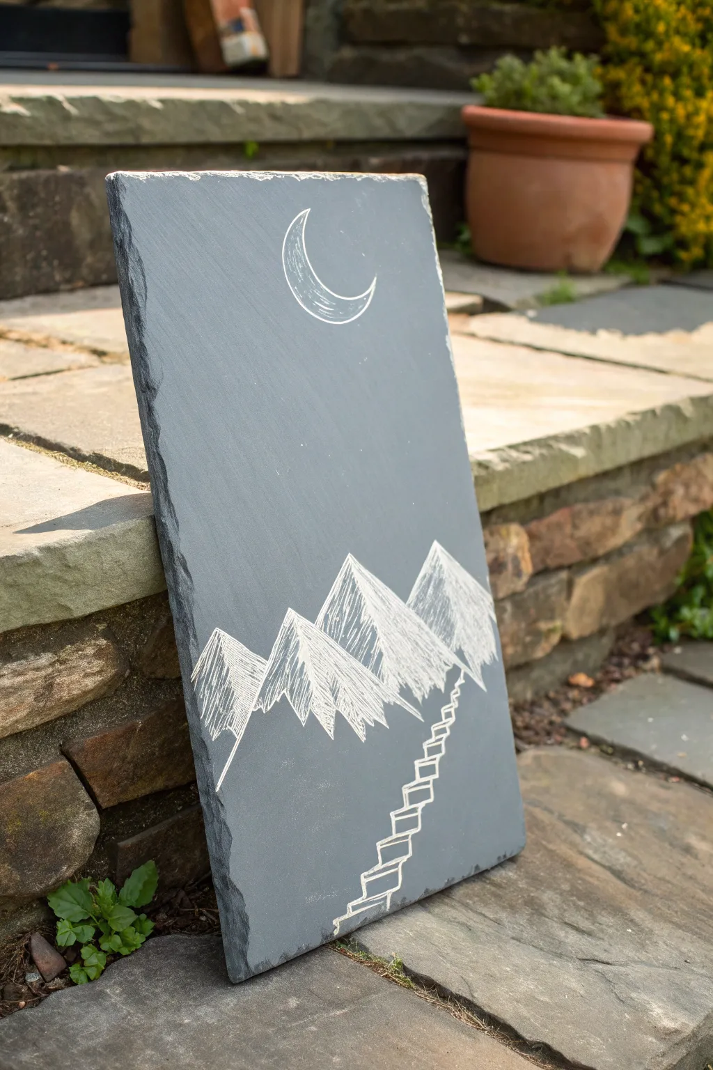 Easy slate painting: crisp mountain outline with a tiny moon for calm minimalist vibes