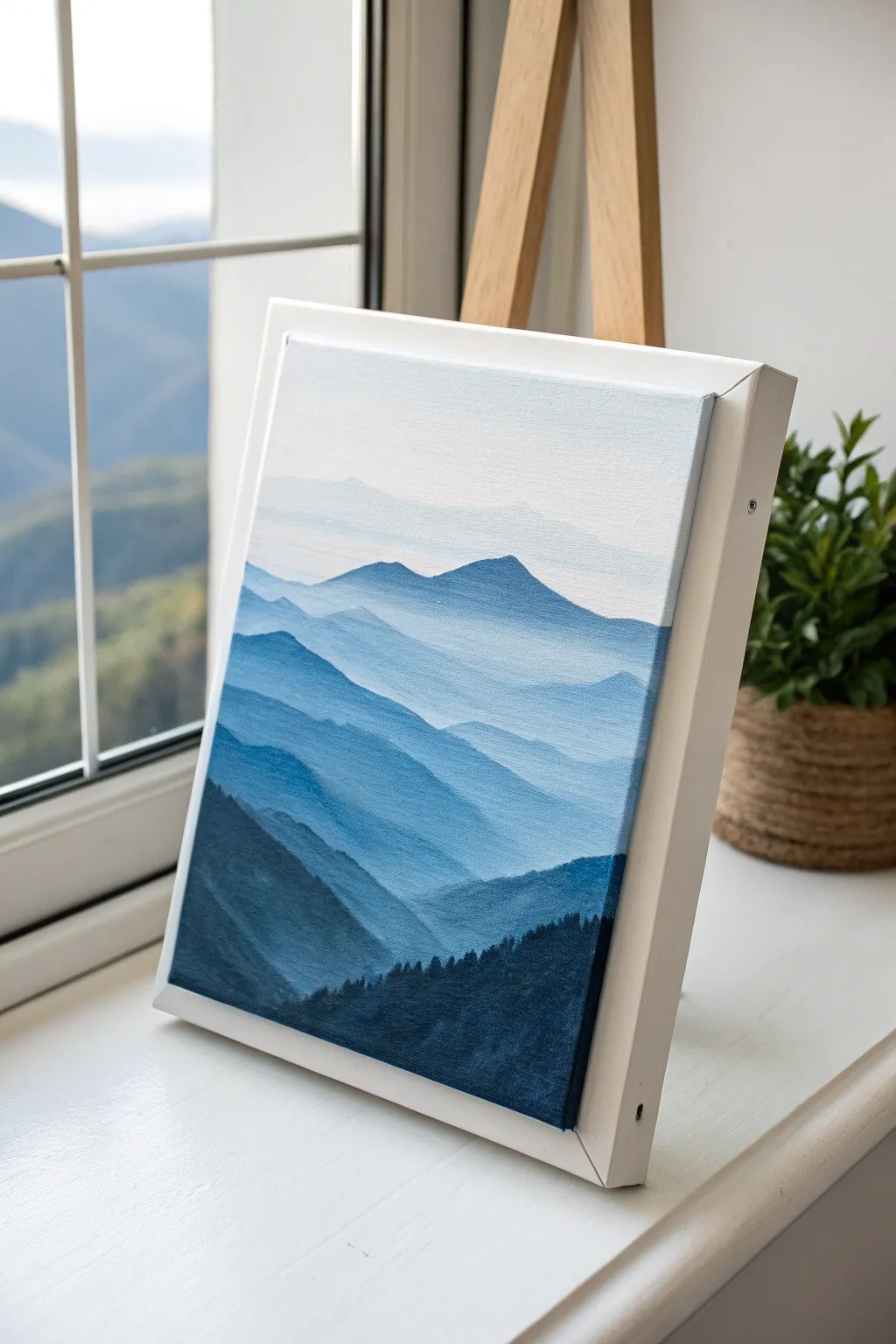 Simple acrylic mountain layers in 2–3 values, misty blues with a bold dark ridge for contrast