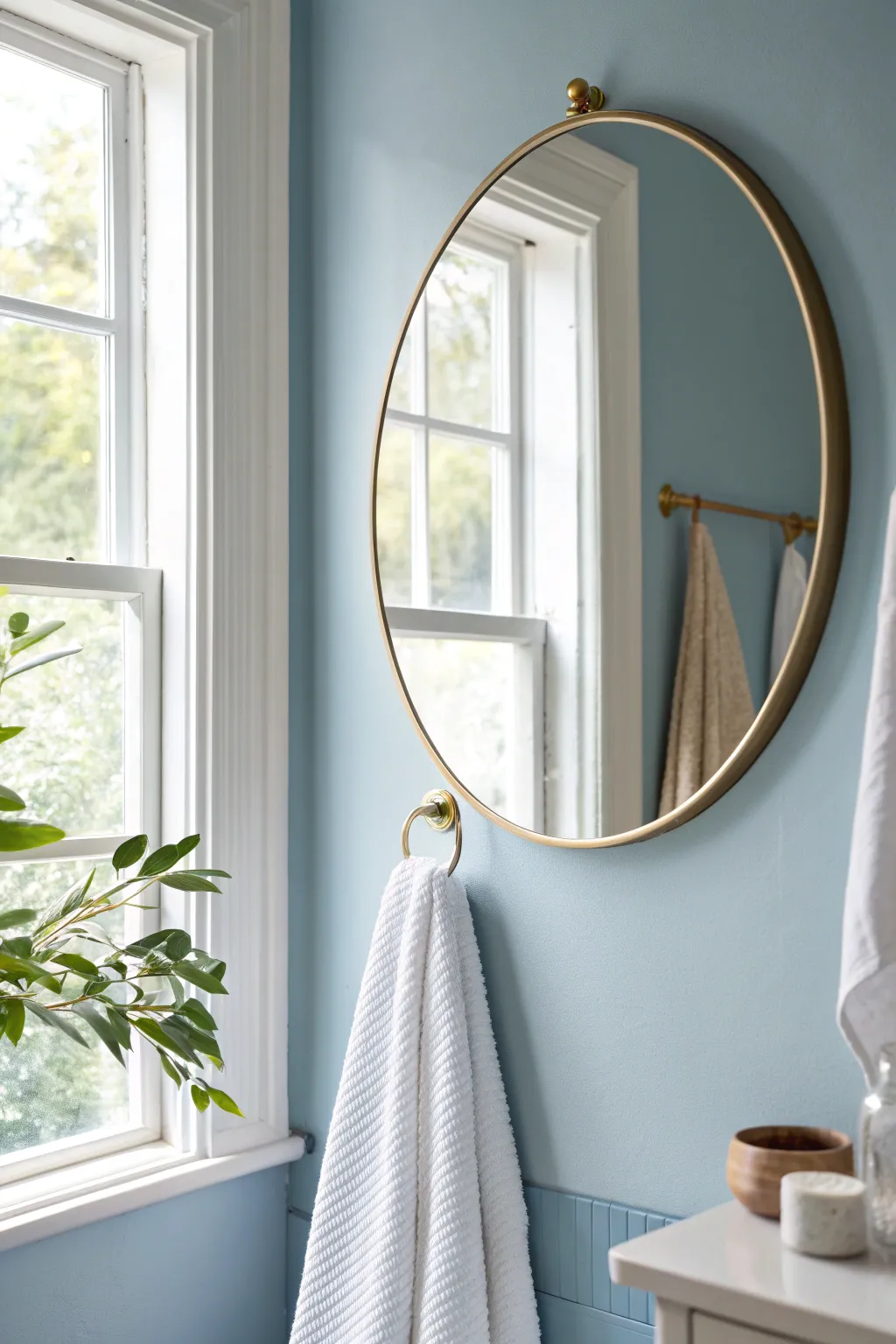 Misty sky blue walls plus a sunlit brass mirror instantly make a tiny bathroom feel spacious.