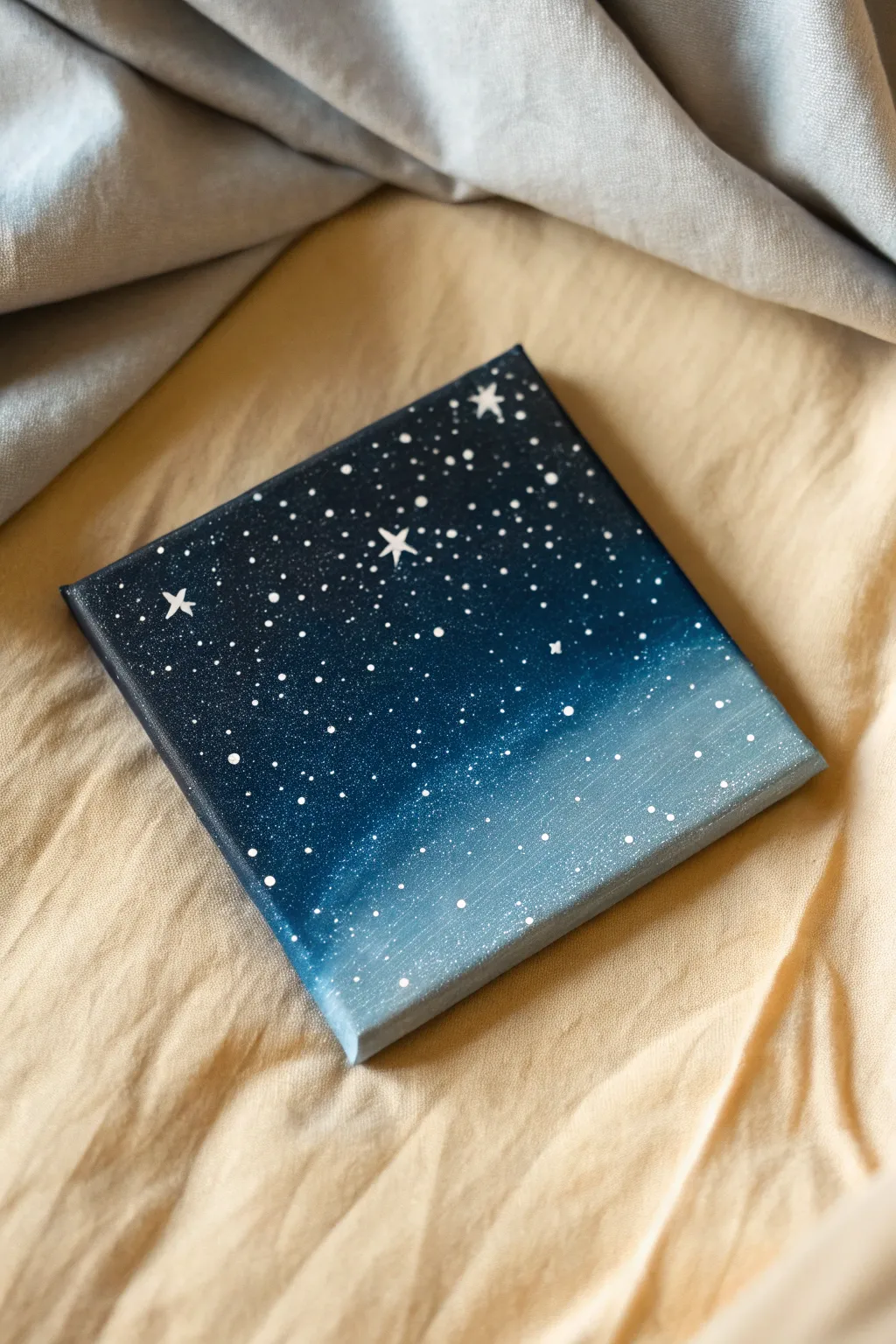 Beginner starry night splatter canvas in deep indigo, minimalist, bold contrast, easy to copy