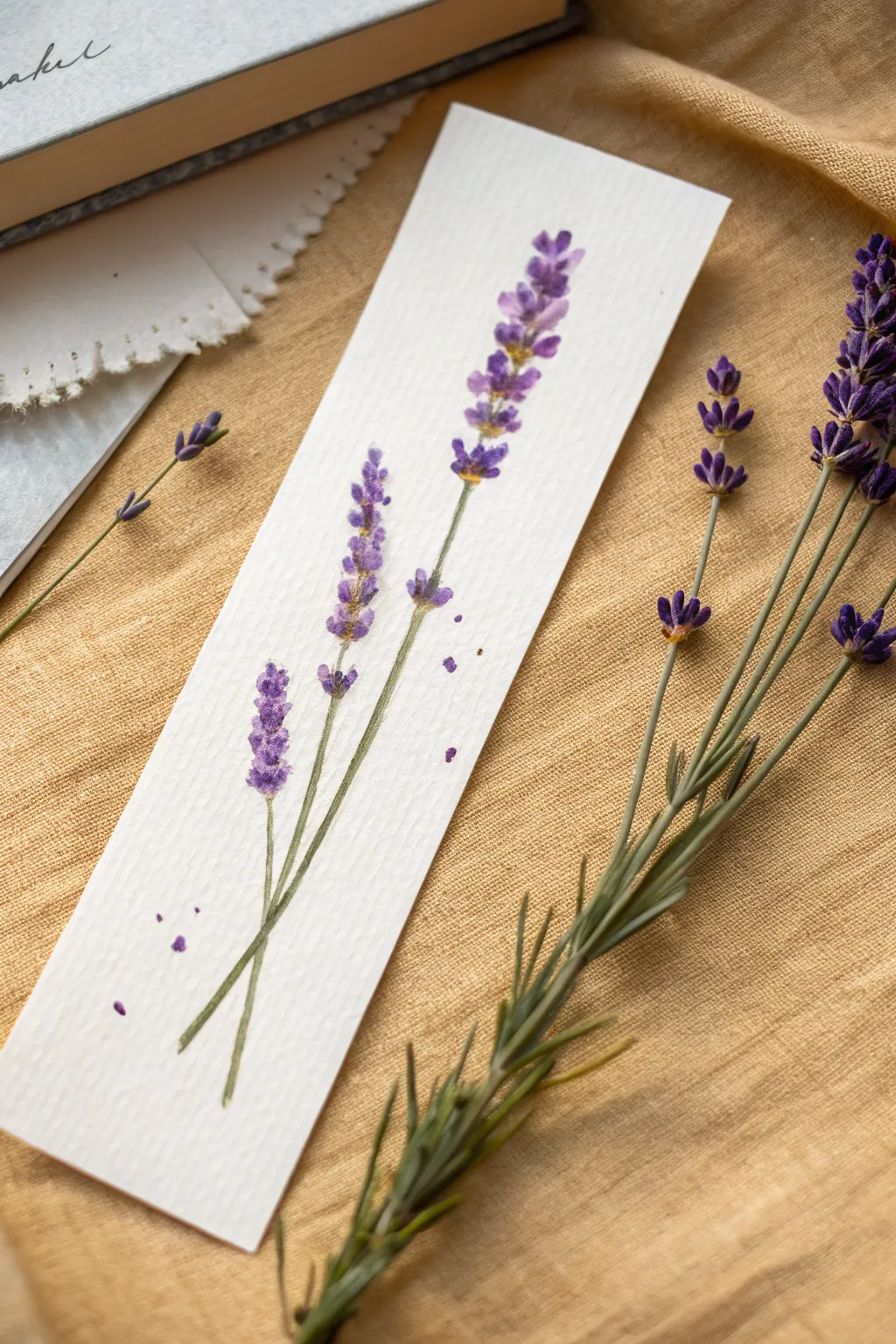 Mini lavender sprig made with dot-and-dab petals, simple bookmark art with bold contrast